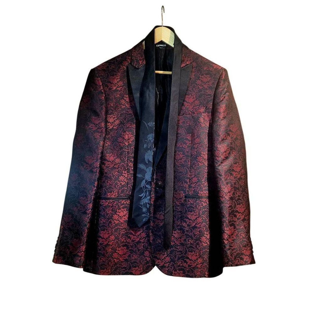 Express Tuxedo Jacket Men's 38 Black Red Slim Fit Floral Jacquard Satin Shine